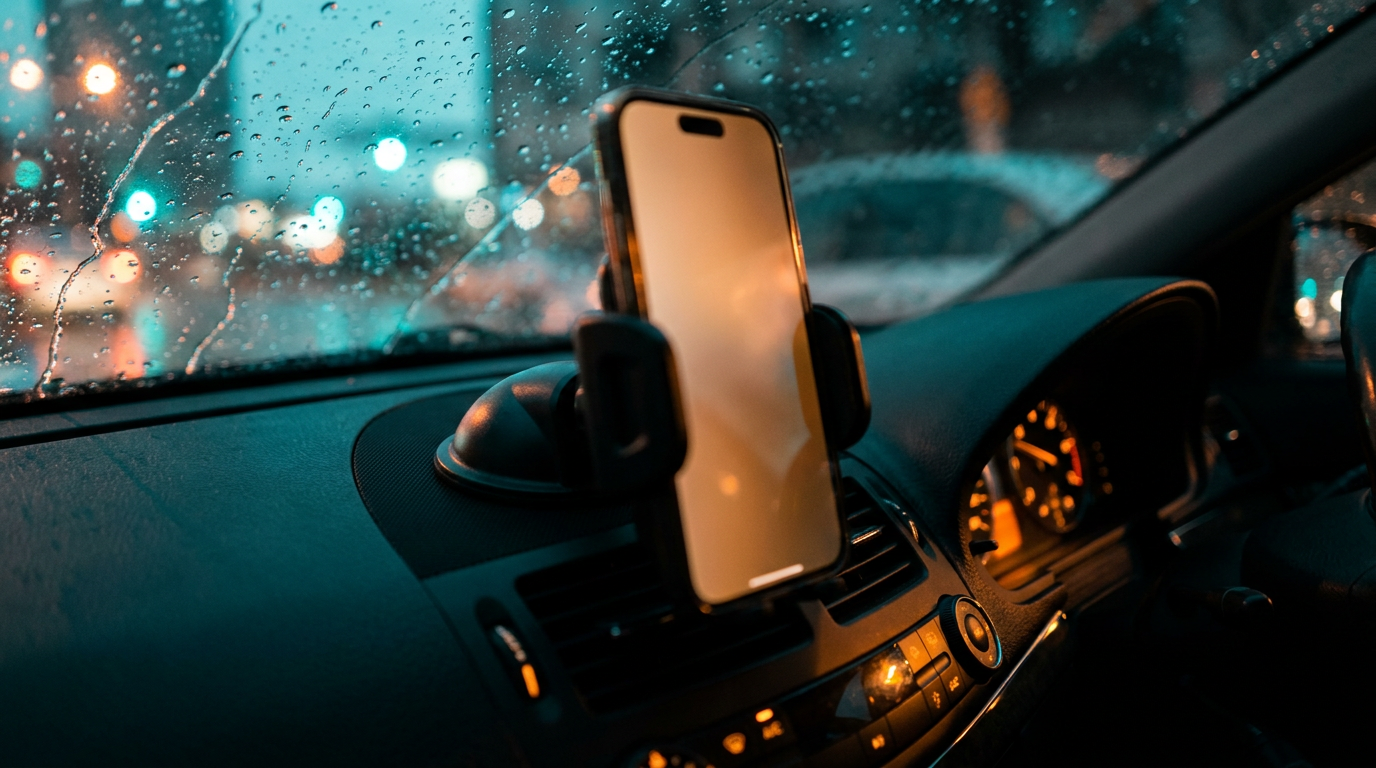 Phone in a dashboard cradle at night showing navigation